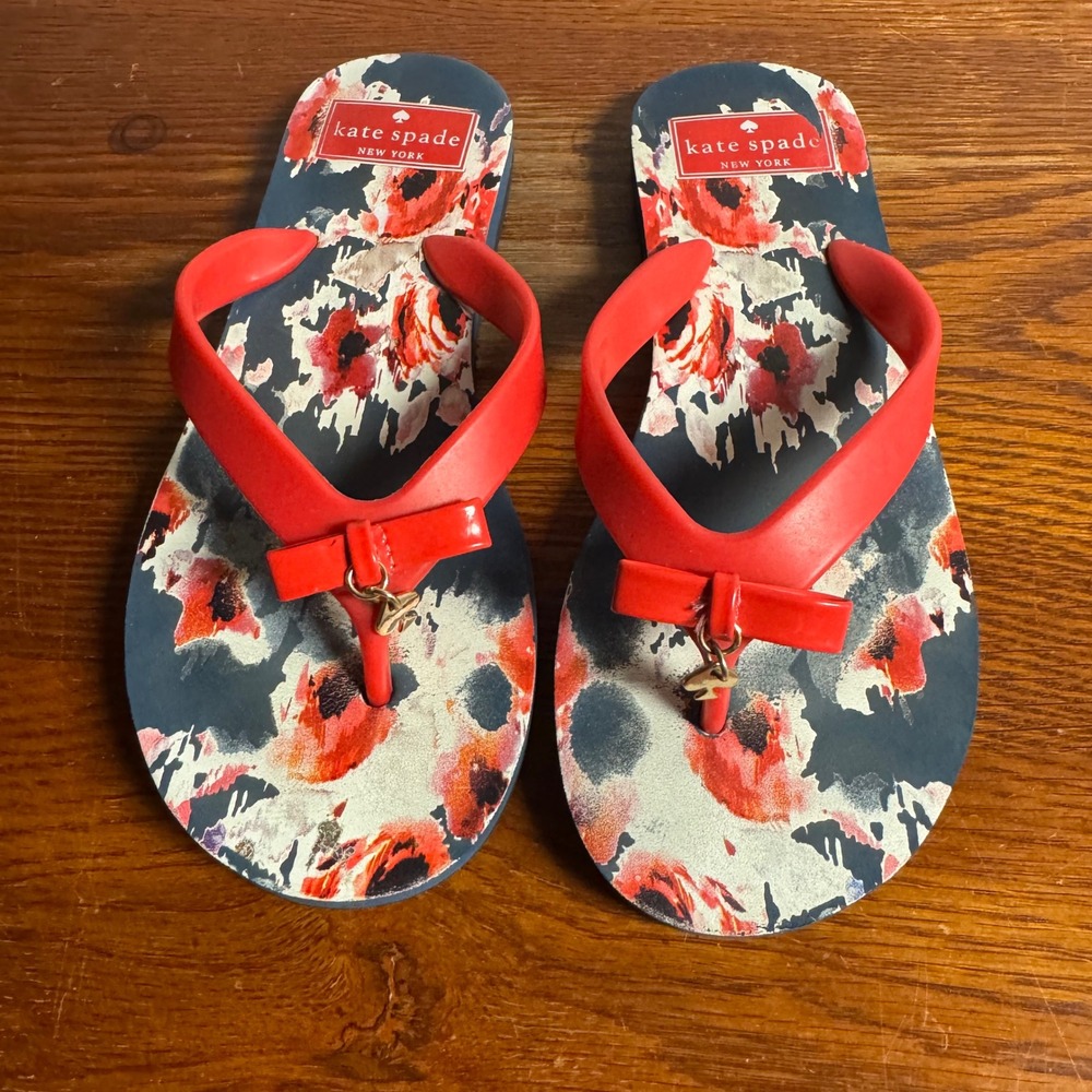 Kate Spade New York Red Floral Bow Flip Flop Sandals‎ Womens Size 5M Thong Shoes